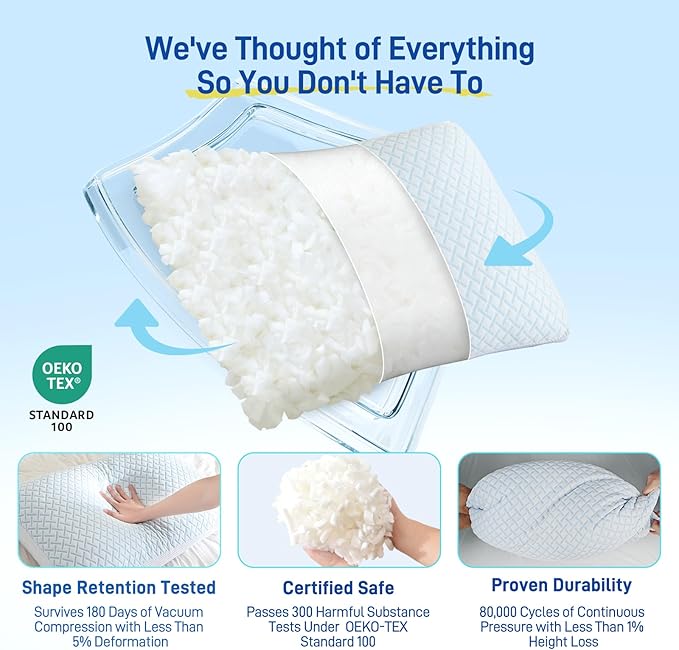 Alkyonos Shredded Memory Foam Cooling Soft Pillows King Size Set of 2, Adjustable Hypoallergenic Hotel Quality Pillow for Back, Side and Stomach Sleeper, Bamboo Viscose Cover, Oeko-TEX Certified
