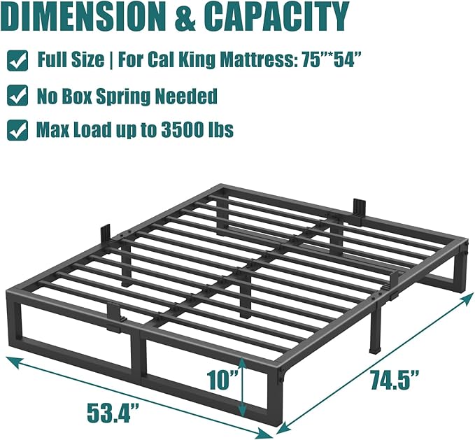 Yitong Angel 10 inch Full Size Bed Frame Low Profile Metal Platform Frames with Mattress Slide Stopper,Heavy Steel Slats Support,No Box Spring Needed,Noise Free,Non-Slip,Easy Assembly