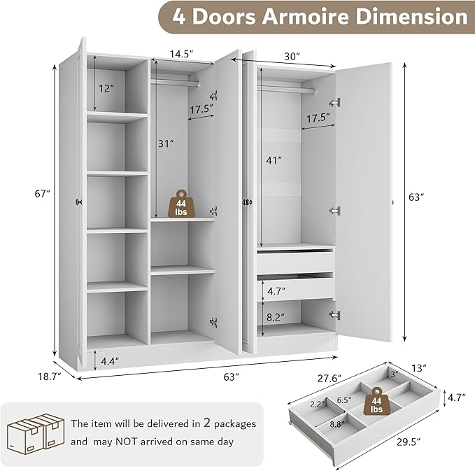 iPormis 4 Doors Armoire Wardrobe Closet with 2 Drawers, 63" Large Wardrobe Cabinet with Removable Hanging Rods and Adjustable Shelves, Closet Storage Cabinet for Bedroom, Cloak Room, White