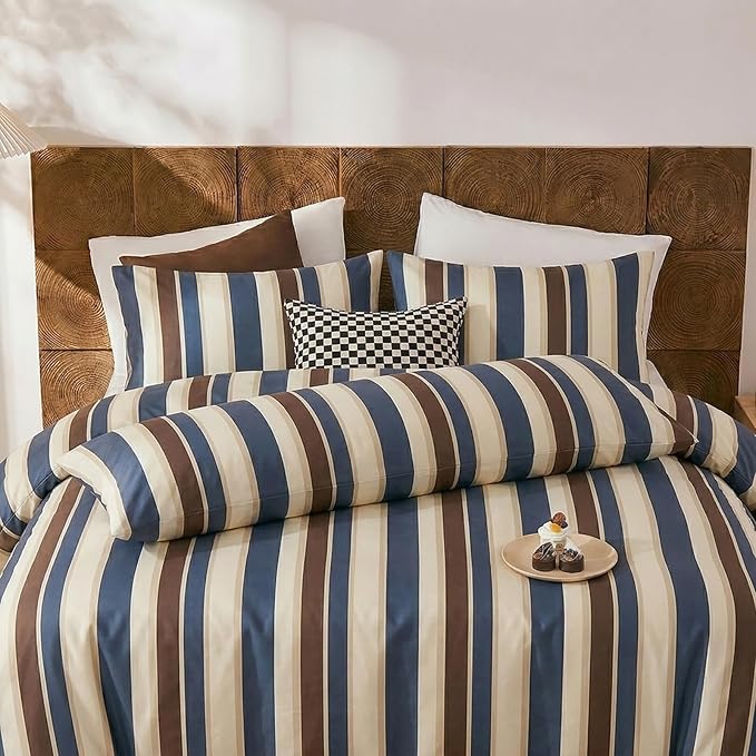 Merryword 100% Cotton Pillow Cases, Queen Size Pillowcases, Blue Striped Pillowcases, Luxury Linen Like Pillowcase, Soft Breathable Cabana Stripes Pillow Covers, Set of 2