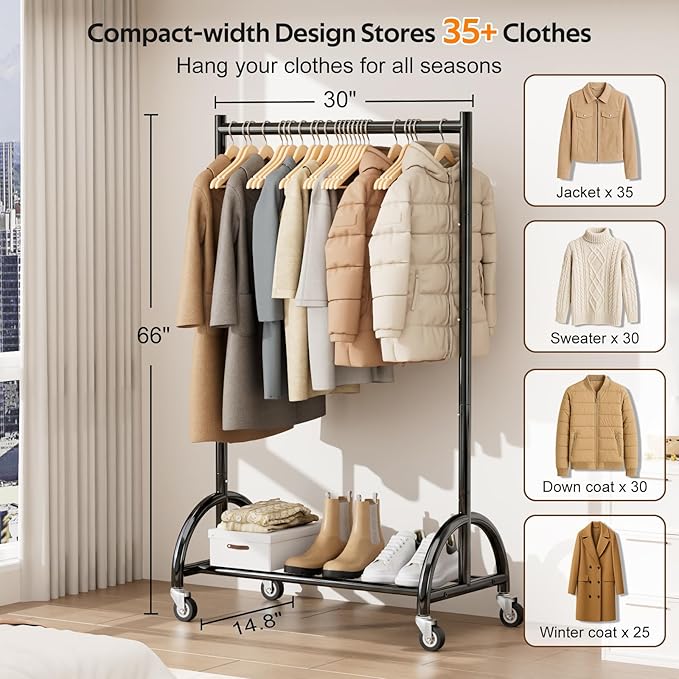 MISSLO Heavy Duty Clothing Rack with Wheels Rolling Clothes Racks for Hanging Clothes, Coats, Garment, Dress, Black, 30" W