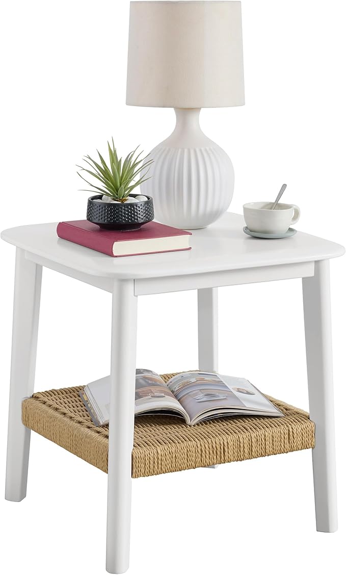 Alaterre Furniture Calais 2-Tier Small End Table with Woven Storage Shelf – Mid Century Modern Wooden Nightstand or Side Table for Small Spaces, Living Room & Bedroom (White)