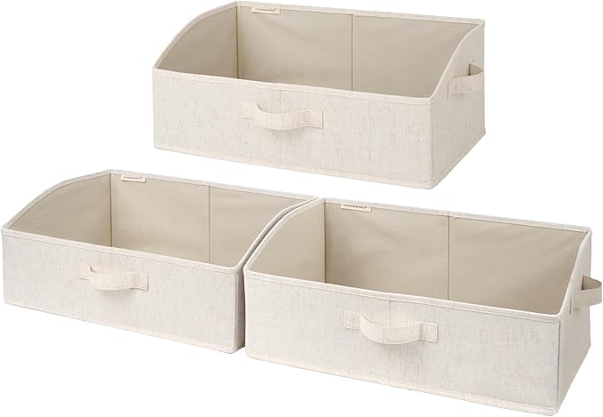 StorageWorks Trapezoid Storage Bins, Closet Organizers and Storage, Fabric Clothes Closet Bins, Shelf Baskets, Clothing, Toys, Towels, Large, Beige(Cotton-linen), 3-Pack