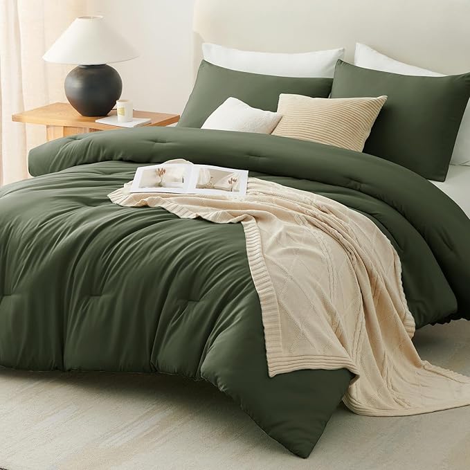 CozyLux Oversized King Comforter Set Olive Green, 3 Pieces 120x98 Solid Breathable Quilted Bedding Sets All Seasons, Luxury Soft Lightweight Bed Set with Down Alternative Comforter and 2 Pillowcases