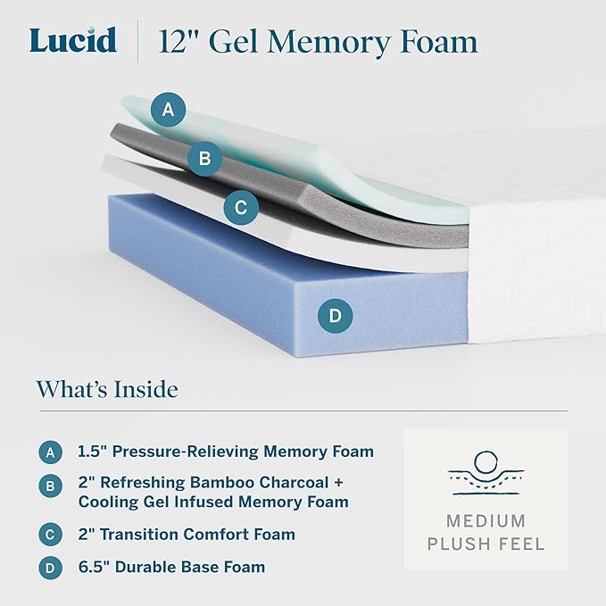 Lucid 12 Inch Memory Foam Mattress - Medium Plush Feel - Infused with Refreshing Bamboo Charcoal and Cooling Gel - Bed in a Box - Temperature Regulating - Pressure Relief - Breathable - Full Size
