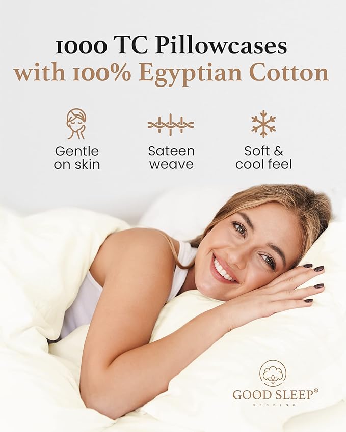 1000 TC Ivory King Pillowcases Set of 2 100% Egyptian Cotton Pillow Cases with Long Staple Cotton & Sateen Weave, Silky Soft Hotel - Like Bed Pillow Covers for Comfy Sleeping, Snug Fit