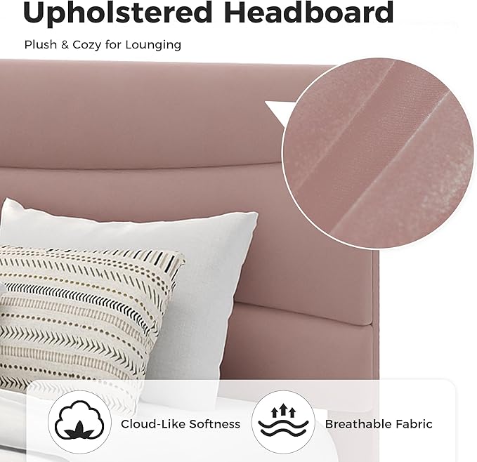 GarveeHome Full Modern Upholstered Bed Frame with Soft Padded Headboard,Sturdy Metal Steel Slat Support, Noise-Free Quiet Design,Easy Assembly,Heavy Duty Stable Bed Frame(Pink)