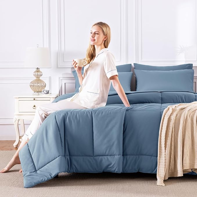 CozyLux Oversized Queen Comforter Sets Dusty Blue, 7 Pieces Bed in a Bag, Ultra-Soft All Season Bedding Sets with Stitch Quilted Comforter, Flat Sheet, Fitted Sheet, Pillowcases, Grayish Blue