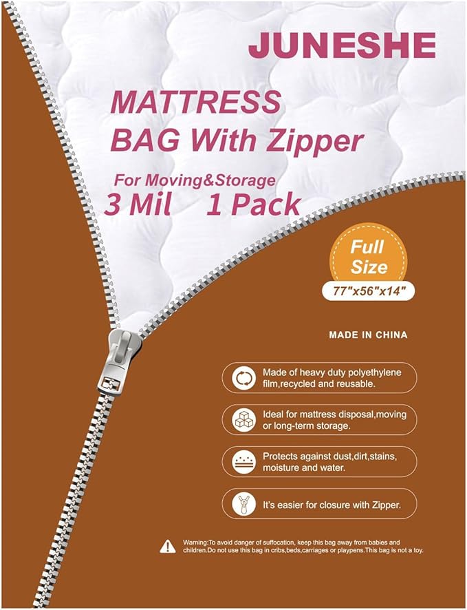 3 Mil Full Size Mattress Bag with Zipper for Storage Moving,Plastic Waterproof Mattress Protector Cover Moving Supplies