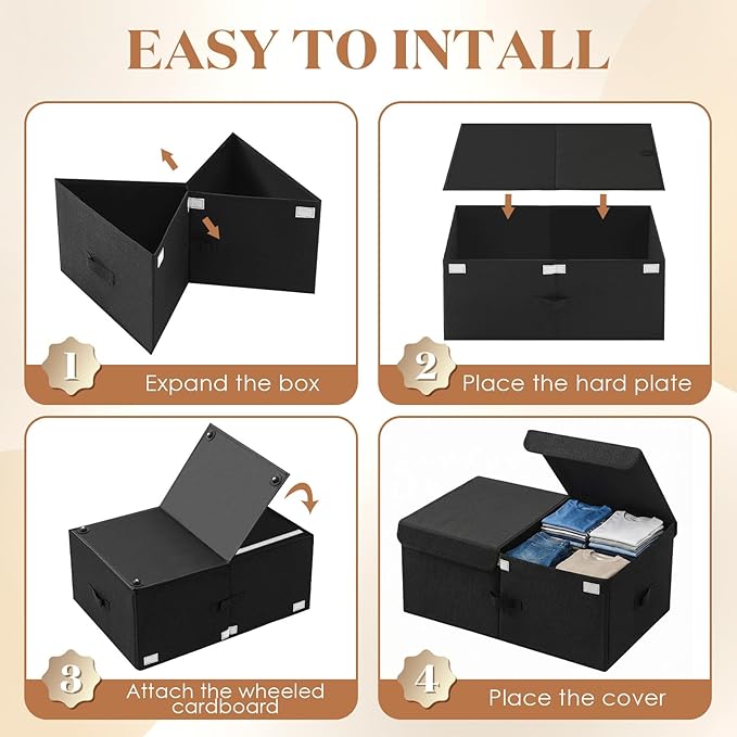 Geelin 4 Pcs Under Bed Storage with Wheels 10" High Underbed Containers with Lids Large Rolling Under Bed Organizer with Handles Underbed Clothes Storage Bins for Clothes Blankets Shoes (Black,24'' L)