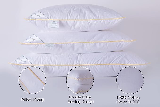 Goose Down Feather Soft Pillows Queen Size One Pillow 100% Cotton Supportive Cool Bed Pillows for Back Side Stomach Sleepers