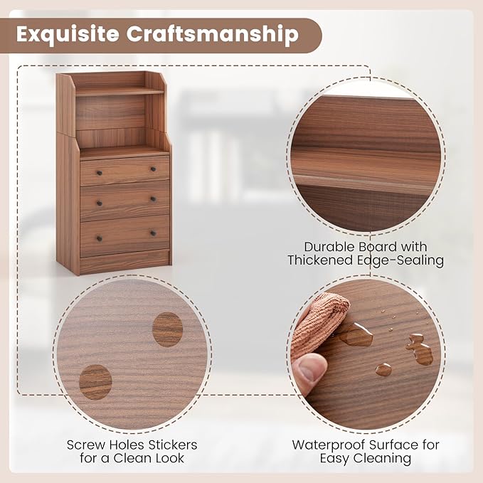Tall 3 Drawers Dresser, Wood Chest of Drawers with 2 Open Shelves, Modern Nightstand with Anti-Toppling Device, Home Storage Cabinet Dresser Closet for Bedroom, Living Room, Entryway (Walnut)
