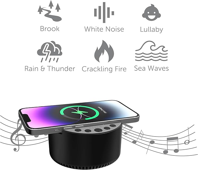 Sound Machine with Wireless Charger & Bluetooth Speaker – White Noise Sleep Aid with Memory Function, 6 Soothing Sounds, 3 Timer Modes – Compact Bedside Relaxation Device, Black