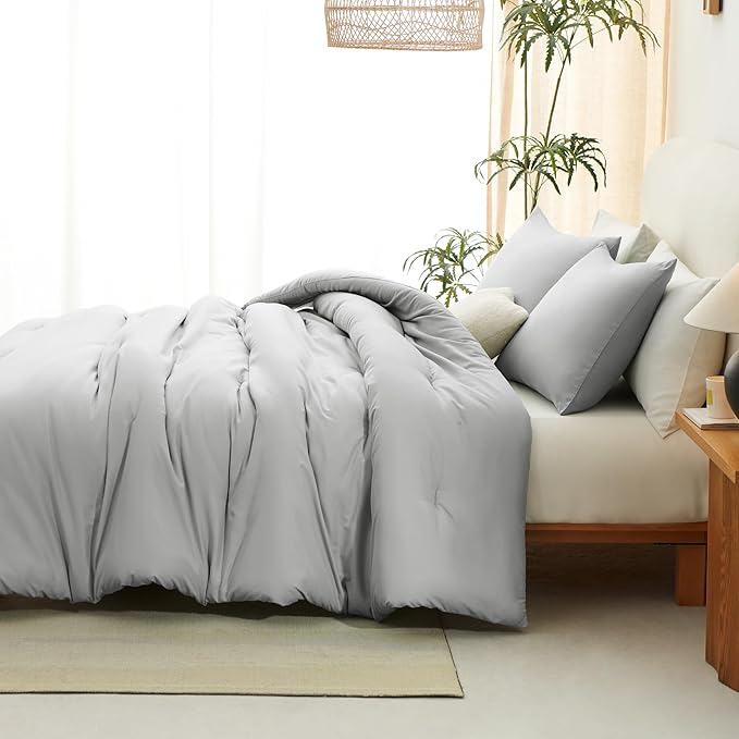 CozyLux King Size Comforter Set Light Grey, 3 Pieces Solid Comforters King Size Breathable Bedding Sets, Light Gray Luxury Soft Lightweight Bed Set with Down Alternative Comforter and 2 Pillowcases