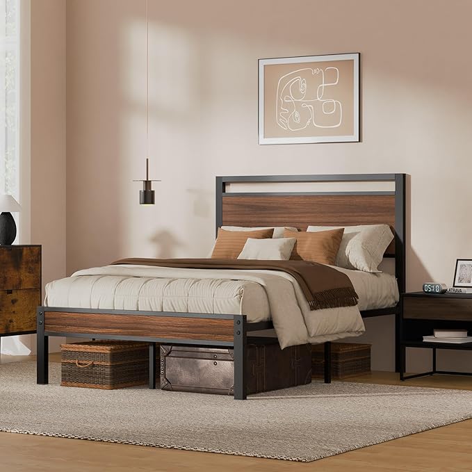 Z-hom Easy Assembly Sturdy Metal Platform Bed, Full Size Bed Frame with Headboard & Footboard, Anti-Slip & Silent Support, No Box Spring Needed with Underbed Storage, Modern Bedroom Furniture, Walnut