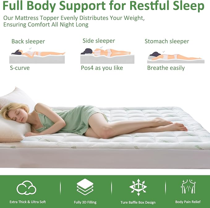 Cooling Mattress Topper King – Extra Soft Pillow Top Mattress Pad, Breathable Viscose Made from Bamboo Mattress Protector for Back Pain Relief, Deep Pocket Cover Fits 8–21 Inch