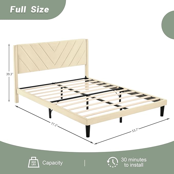 Full Bed Frame with Headboard, Bed Frame Full Size with Sturdy Wooden Slats Support, Platform Bed Frame with Velvet Upholstered Headboard, Mattress Foundation, Easy Assembly, No Box Spring Needed