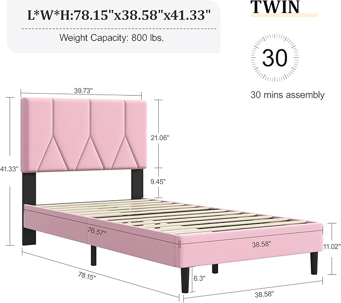 Twin Bed Frame, Padded Platform Bed Frame with Velvet Headboard, Vertical Quilted Design, Sturdy Slatted Mattress Base, No Spring Mattress Required, Easy to Assemble, Pink