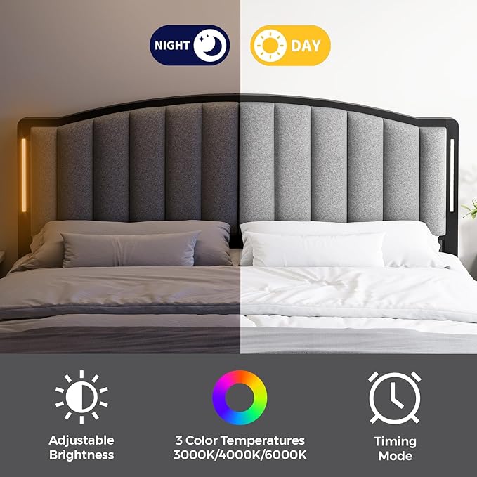 Headboard for Full Size Bed with LED Lights, Upholstered Vertical Channel Tufting Head Boards, Linen Fabric Bed Headboard Only, Attach Frame, Ideal for Bedroom, Dorm, Guest Room, Grey