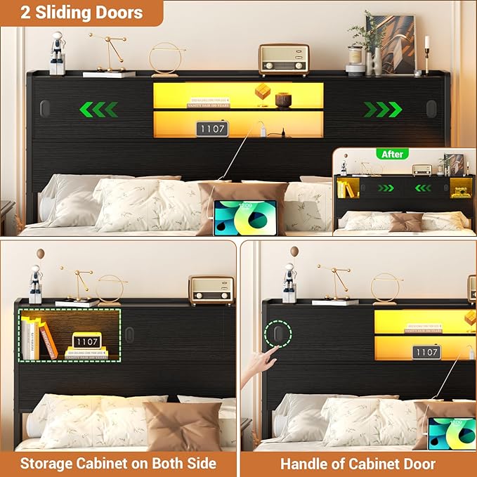 Homieasy King Storage Headboard with Sliding Doors, Bookcase Headboard with Charging Station & Smart LED Light, Headboard Only for King Bed, Wood Headboards with Bookshelf