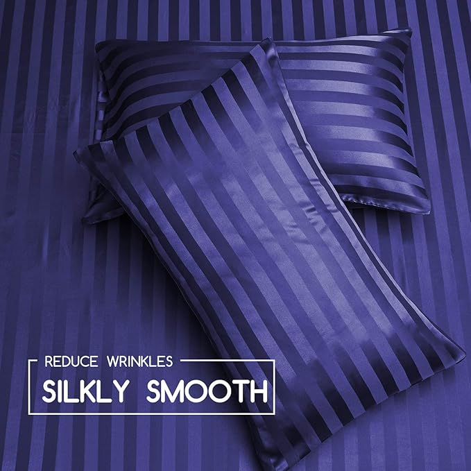 MR&HM Satin Pillowcase for Hair and Skin, Silk Satin Pillowcase 2 Pack, Standard Size Pillow Cases Set of 2, Silky Pillow Cover with Envelope Closure (20x26, Navy Blue Striped)