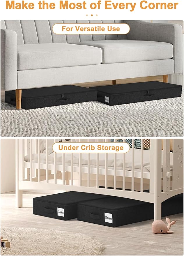 punemi 4.5 Inches Tall Under Bed Storage Containers, Low Profile Underbed Clothes Storage Organizer Bin with Sturdy Side & Bottom, Use as Shallow Dorm Storage Under Bed, Black, 2 Pack