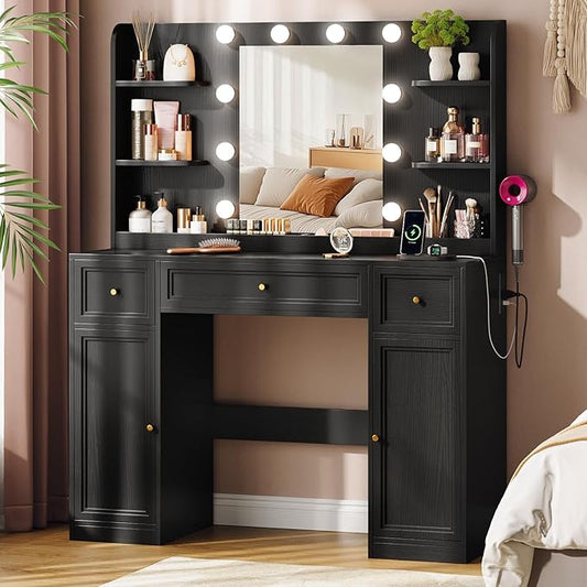 Memobarco Large Vanity Desk with Mirror and Lights, Makeup Vanity with Power Outlets, 3 Drawers and 2 Large Cabinets, 3 Lighting Modes Adjustable Brightness, Dressing Table for Women Girls, Black