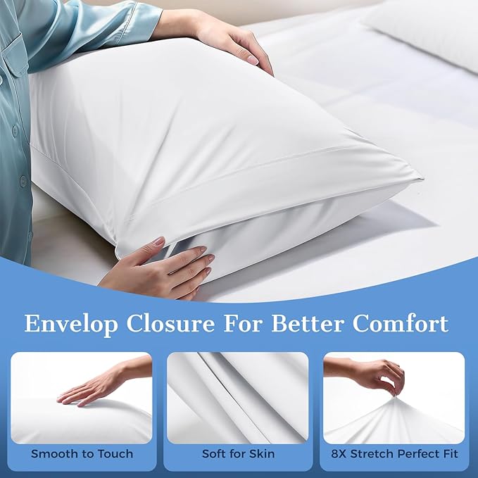 Cooling Pillow Cases 2 Pack Standard Size Cooling Pillowcases for Hot Sleeper Q-Max>0.5, Hydrates Skin & Hair, Reduces Wrinkles & Frizz, Soft Smooth Silky Pillowcases Envelope Set of 2, White