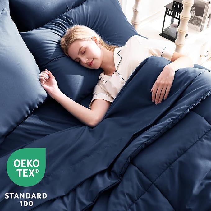CozyLux Oversized Queen Comforter Sets Navy Blue, 7 Pieces Bed in a Bag, Ultra-Soft All Season Bedding Sets with Stitch Quilted Comforter, Flat Sheet, Fitted Sheet, Pillowcases