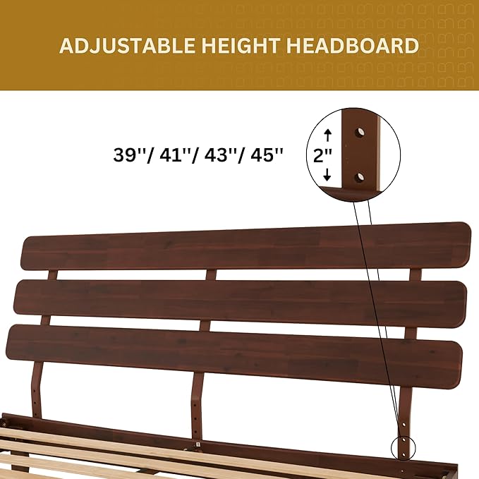 Bme Caden King Size Bed Frame and Adjustable Headboard, 15 Inch Mid Century Retro Style - Solid Acacia Wood - No Box Spring Needed - 12 Strong Wood Slat Support - Easy Assembly - Walnut