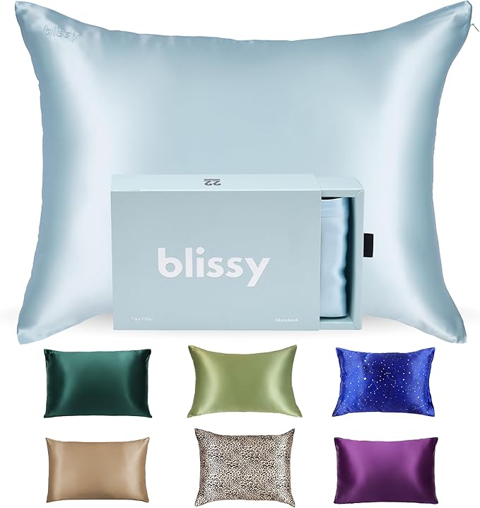 Blissy Silk Pillowcase - 100% Pure Mulberry Silk - 22 Momme 6A High-Grade Fibers - Silk Pillow Cover for Hair & Skin - Regular, Queen & King (Sky Blue, Queen)