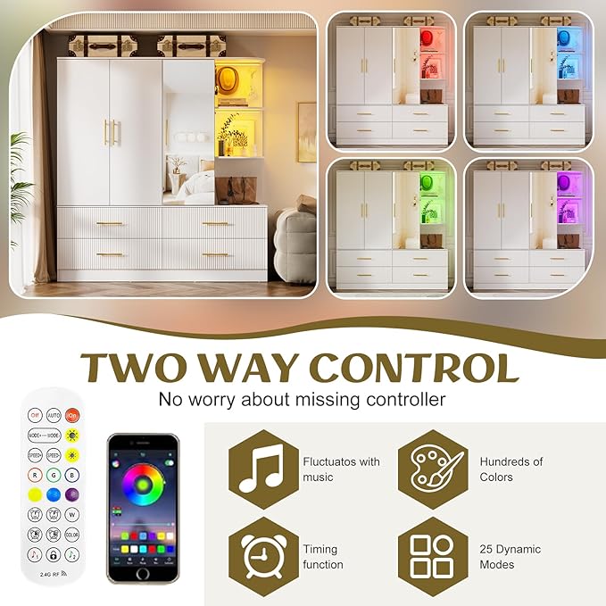 PAKASEPT 3 Door Armoire Wardrobe Closet, 70.87" H Bedroom Armoires with Drawers, Mirror, LED Light, Hanging Rod, Side Hooks, Large Capacity Storage Wardrobe Armoire for Bedroom