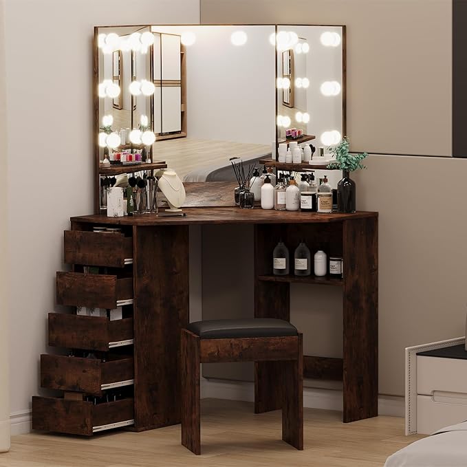 Garvee Corner Vanity Desk and Bench, Makeup Vanity Table with 3-Folding Lighted Mirrors, Charging Station, 5 Drawers for Bedroom