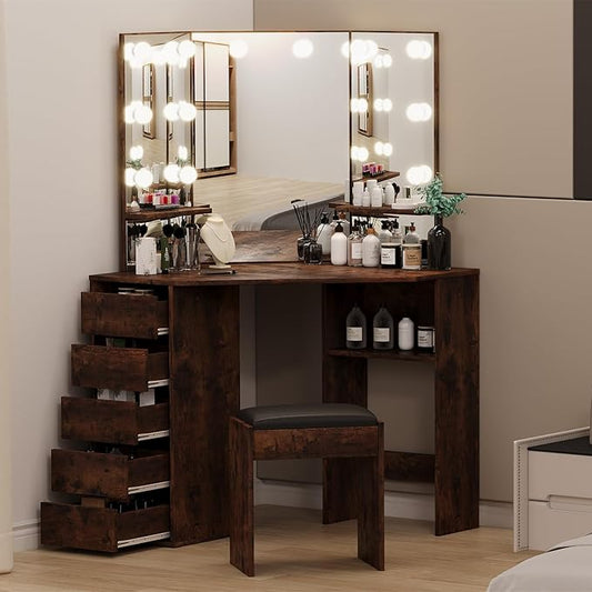 Garvee Corner Vanity Desk and Bench, Makeup Vanity Table with 3-Folding Lighted Mirrors, Charging Station, 5 Drawers for Bedroom