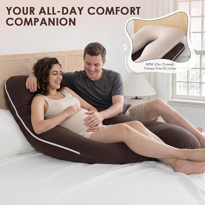 QUEEN ROSE U Shaped Pregnancy Pillow, Breathable Cotton Full Body Support for Maternity, Coffee