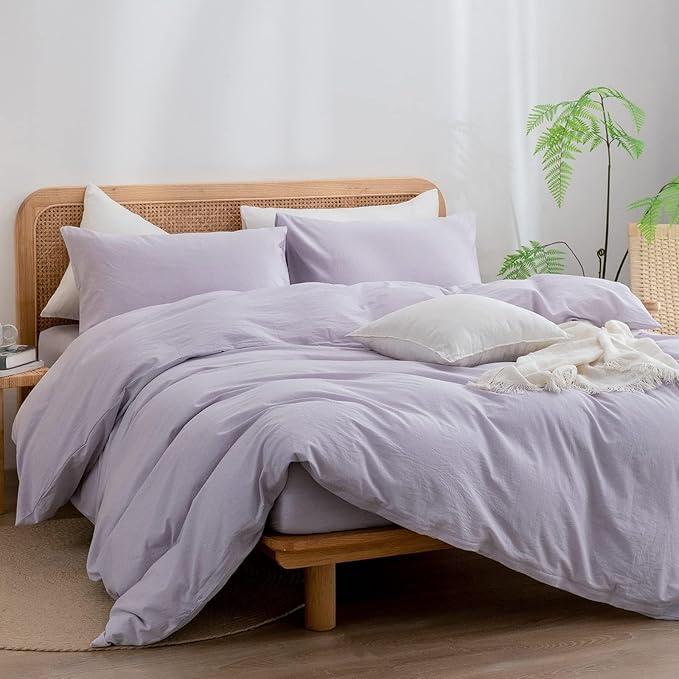 BESTOUCH Duvet Cover Set 100% Washed Cotton Linen Feel Super Soft Comfortable Chic Lightweight 3 PCs Home Bedding Set Solid Taro Purple Alaska King