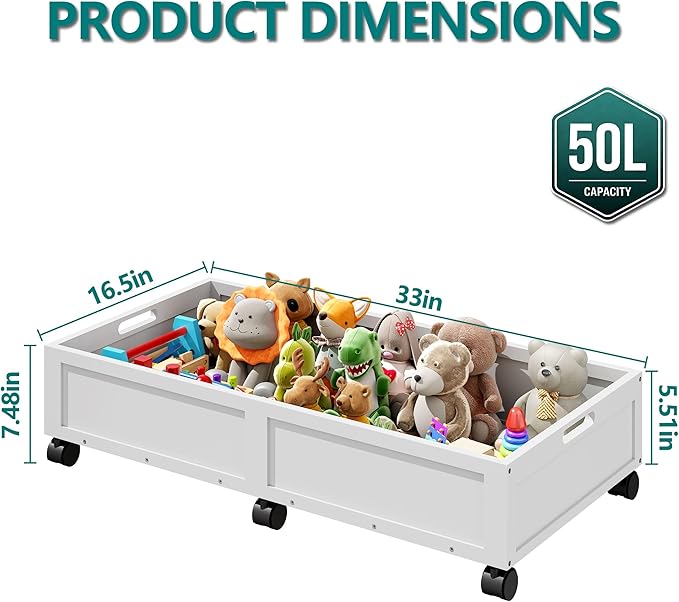WISUCART Wood Under Bed Storage Containers Underbed Organizer with Wheels Sturdy Wood Rolling Under Bed Shoe Storage Organizer 2 Packs (White, Large)