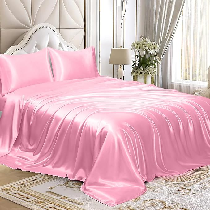 Homiest 4pcs Satin Sheets Set Luxury Silky Satin Bedding Set with Deep Pocket, 1 Fitted Sheet + 1 Flat Sheet + 2 Pillowcases (Cal King Size, Pink)