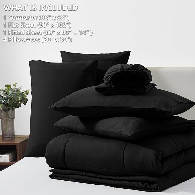 CozyLux Oversized Queen Comforter Sets Black, 7 Pieces Bed in a Bag, Ultra-Soft All Season Bedding Sets with Stitch Quilted Comforter, Flat Sheet, Fitted Sheet, Pillowcases