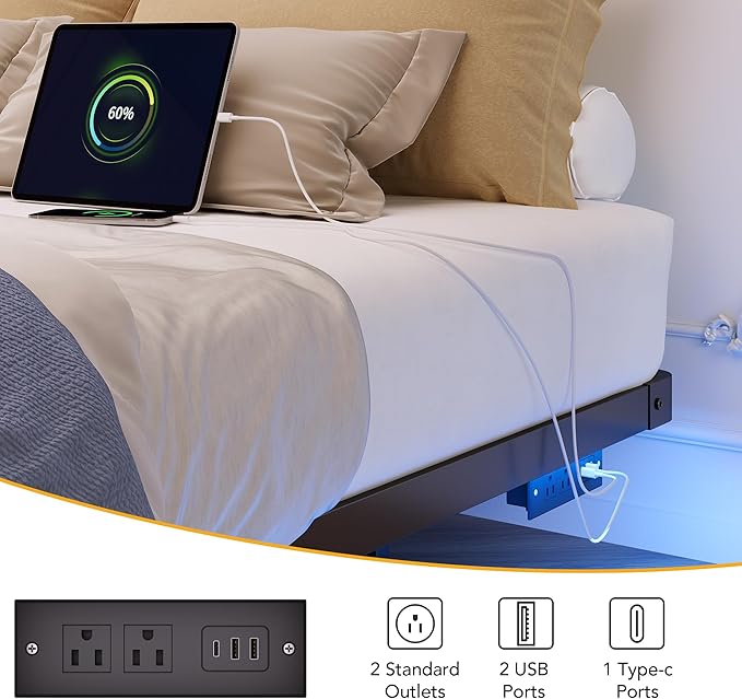 Decofy Queen Size Floating Bed Frame with LED Lights and Charging Station, Modern Minimalist Design, No Spring Mattress Required, Easy to Assemble