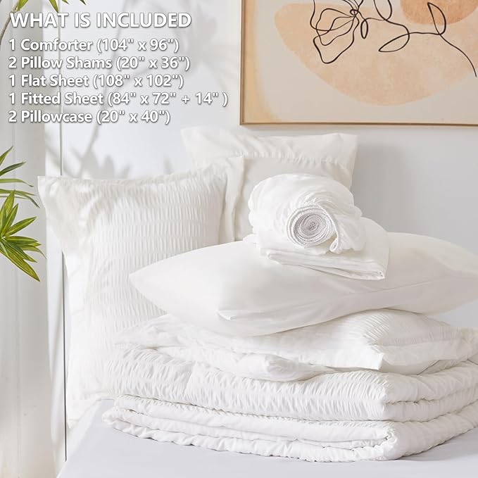 CozyLux California King Comforter Set with Sheets 7 Pieces, White Seersucker Bed in a Bag Cal King Luxury Soft Bedding Sets with Down Alternative Comforter, Sheets, Pillowcases & Shams for All Season