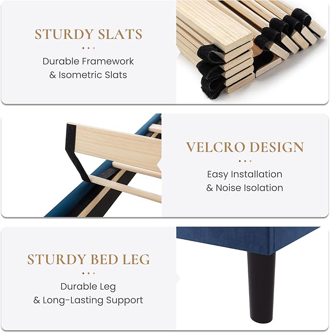 SHA CERLIN Queen Size Platform Bed Frame, Velvet Upholstered Bed with Adjustable Headboard, Vertical Channel Tufted Design, Sturdy Wood Slat Support, No Box Spring Needed, Easy Assembly, Dark Blue