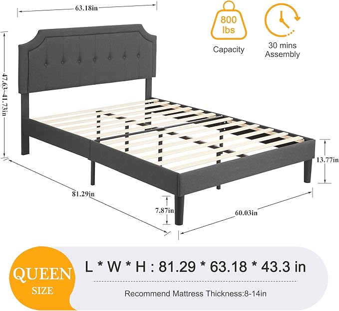 VECELO Queen Size Platform Bed Frame with Fabric Upholstered Headboard and Wooden Slats Support, No Box Spring Needed/Easy Assembly