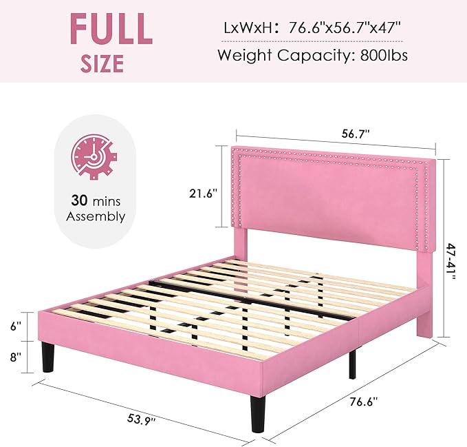 VECELO Full Size Platform Bed Frame with Height Adjustable Upholstered Headboard, Modern Mattress Foundation,Strong Wood Slat Support, No Box Spring Needed, Easy Assembly,Pink