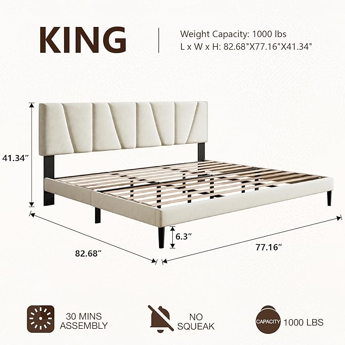 Queen Size Bed Frame with Linen Upholstered Platform Bed Frame, Wooden Slats Support, Noise-Free Mattress Foundation, No Box Spring Needed, Easy Assembly, Beige
