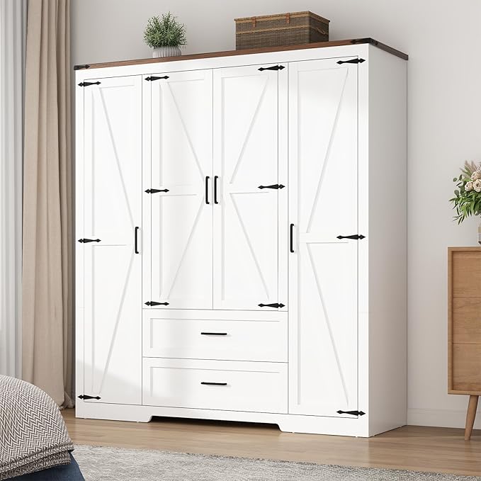 Hlivelood 4 Doors Wardrobe Armoire Closet with Doors and Drawers, Farmhouse Wooden Armoire Storage Cabinet with Shelves & Hanging Rod for Bedroom, White