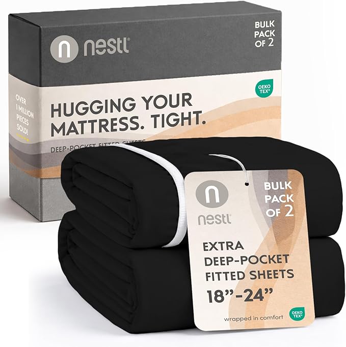 Nestl 2 Pack Black Fitted Sheet Extra Deep Pocket, Hotel Luxury FullFitted Sheet Only Easily Fits 18 to 24 Inch Mattress, Super Soft, Wrinkle-Free and Breathable with Corner Straps