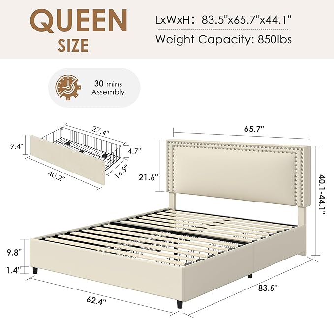VECELO Queen Size Upholstered Bed Frame with 4 Storage Drawers, Adjustable Velvet Rivet Decor Headboard, Wooden Slats Platform Support, No Box Spring Needed, Easy Assembly,Beige