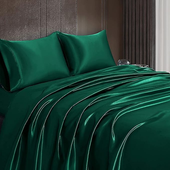 Homiest 3pcs Satin Sheets Set Luxury Silky Satin Bedding Set with Deep Pocket, 1 Fitted Sheet + 1 Flat Sheet + 1 Pillowcase (Twin XL Size, Blackish Green)