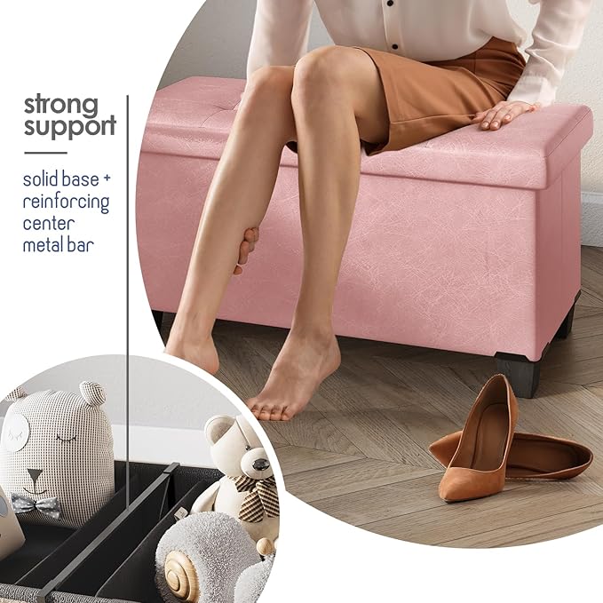 Storage Ottoman Bench with Bins, 30-in Storage Bench for Bedroom End of Bed, Folding Foot Rest Ottoman for Living Room Max 660lbs, Leather Ottomans, Pink